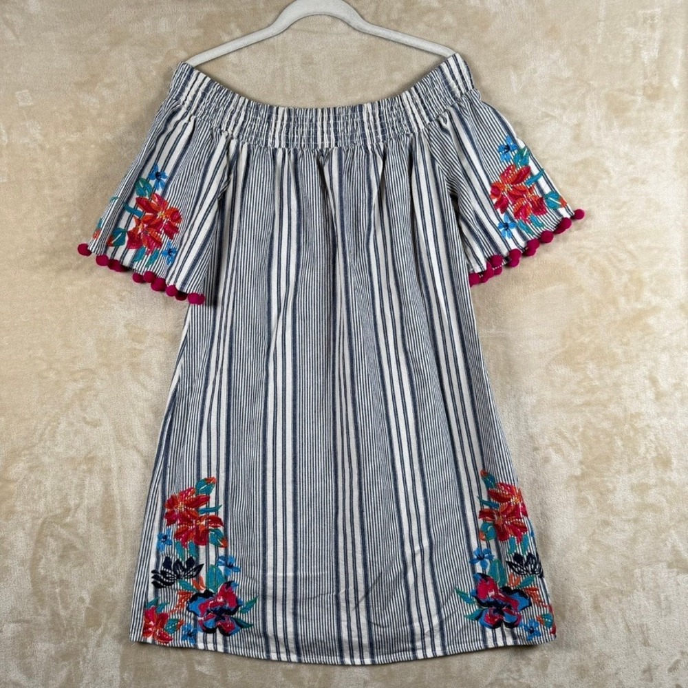 THML Womens Off Shoulder Embroidered Floral Stripe Pom Pom Mini Dress Large Blue